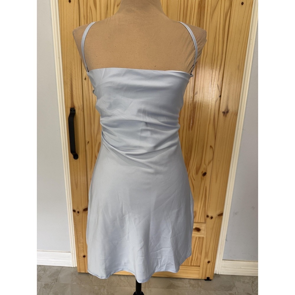Dress Womens Blue Satin Slip Square Neck Lace Up Backless Mini